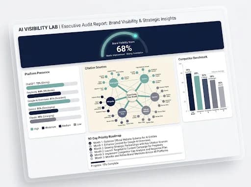 AI visibility report showing visibility score, platform presence, citation sources, and competitor benchmark.