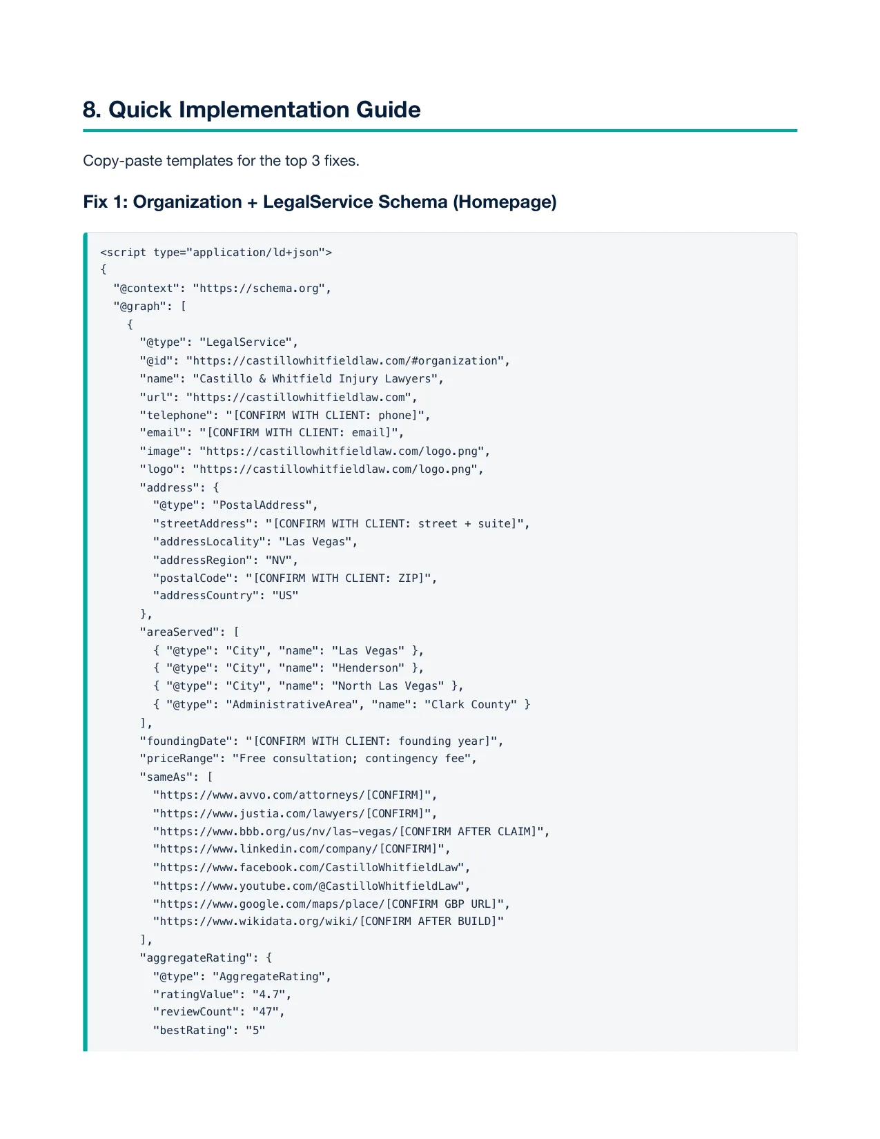 Quick implementation guide page with a copy-paste JSON-LD schema template